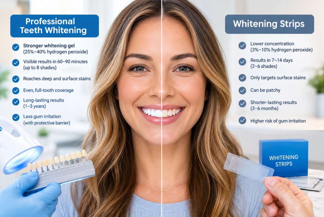 Professional Whitening vs. Strips